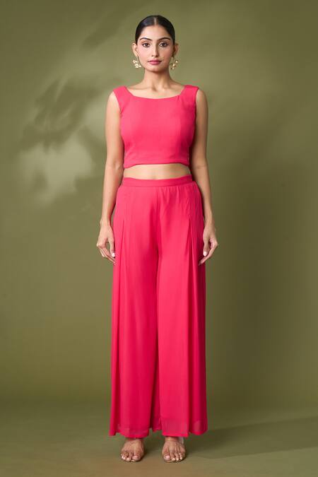 Samyukta Singhania_Red Georgette Gota Patti Boat Neck Bandhej Print Embroidered Jacket Pant Set_Online_at_Aza_Fashions