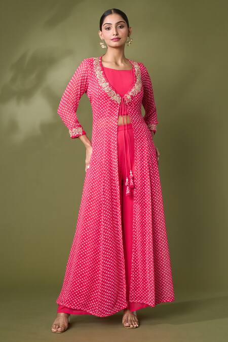Buy_Samyukta Singhania_Red Georgette Gota Patti Boat Neck Bandhej Print Embroidered Jacket Pant Set_Online_at_Aza_Fashions