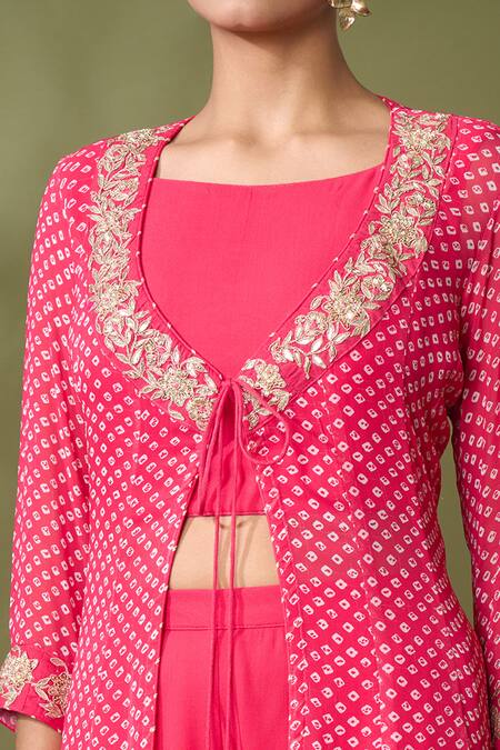 Shop_Samyukta Singhania_Red Georgette Gota Patti Boat Neck Bandhej Print Embroidered Jacket Pant Set_Online_at_Aza_Fashions