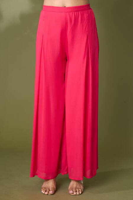 Samyukta Singhania_Red Georgette Gota Patti Boat Neck Bandhej Print Embroidered Jacket Pant Set_at_Aza_Fashions