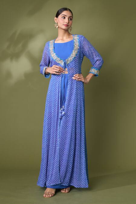 Buy_Samyukta Singhania_Blue Georgette Embroidery Boat Neck Bandhej Print Jacket Flared Pant Set_Online_at_Aza_Fashions