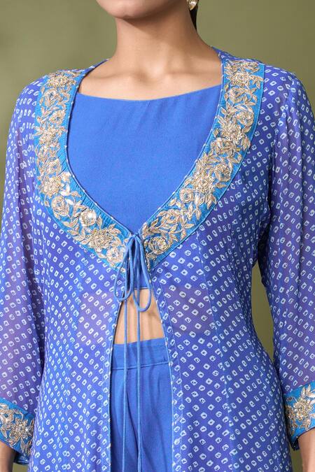 Shop_Samyukta Singhania_Blue Georgette Embroidery Boat Neck Bandhej Print Jacket Flared Pant Set_Online_at_Aza_Fashions