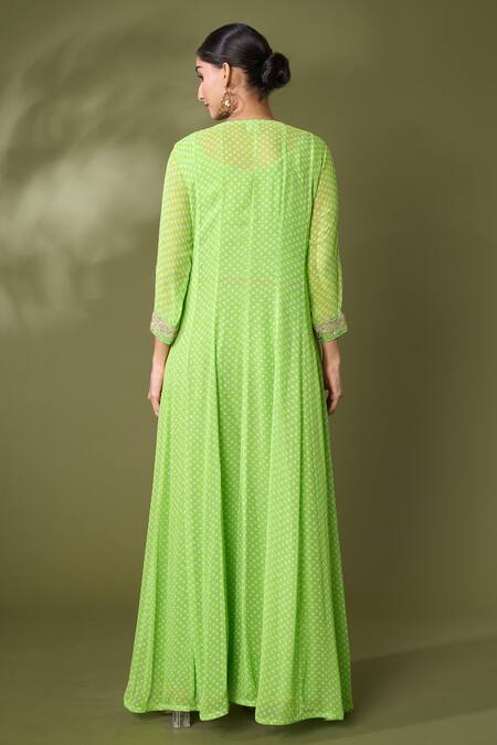 Shop Samyukta Singhania Green Georgette Gota Patti, Longline Bandhej Print Jacket Flared Pant Set at Aza Fashions Shop_Samyukta Singhania_Green Georgette Gota Patti, Longline Bandhej Print Jacket Flared Pant Set_at_Aza_Fashions