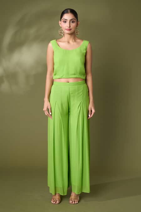 Samyukta Singhania Green Georgette Gota Patti, Longline Bandhej Print Jacket Flared Pant Set Online at Aza Fashions Samyukta Singhania_Green Georgette Gota Patti, Longline Bandhej Print Jacket Flared Pant Set_Online_at_Aza_Fashions