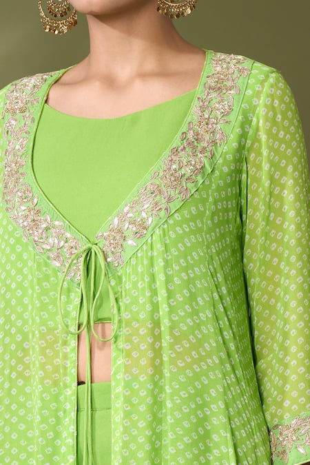 Shop Samyukta Singhania Green Georgette Gota Patti, Longline Bandhej Print Jacket Flared Pant Set Online at Aza Fashions Shop_Samyukta Singhania_Green Georgette Gota Patti, Longline Bandhej Print Jacket Flared Pant Set_Online_at_Aza_Fashions