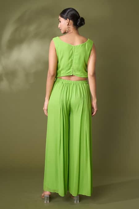 Samyukta Singhania Green Georgette Gota Patti, Longline Bandhej Print Jacket Flared Pant Set at Aza Fashions Samyukta Singhania_Green Georgette Gota Patti, Longline Bandhej Print Jacket Flared Pant Set_at_Aza_Fashions