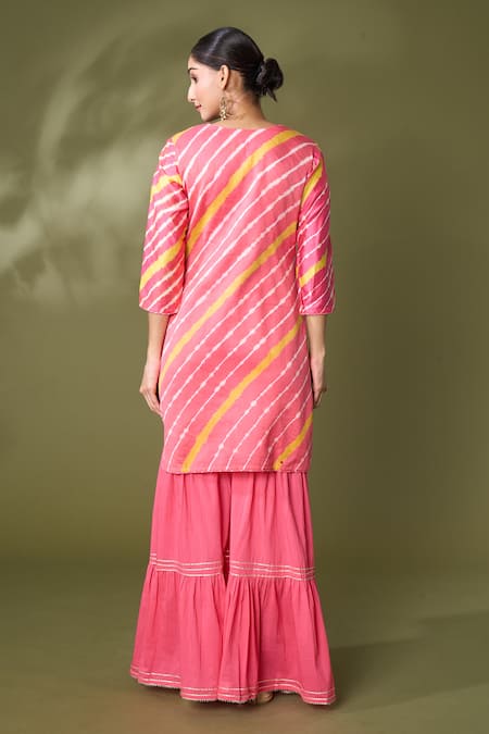 Shop Samyukta Singhania Peach Cotton, Silk Embroidery, Gota Patti Split Printed Kurta Sharara Set at Aza Fashions Shop_Samyukta Singhania_Peach Cotton, Silk Embroidery, Gota Patti Split Printed Kurta Sharara Set_at_Aza_Fashions