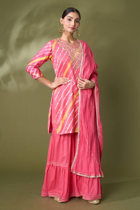 Buy Samyukta Singhania Peach Cotton, Silk Embroidery, Gota Patti Split Printed Kurta Sharara Set Online at Aza Fashions Buy_Samyukta Singhania_Peach Cotton, Silk Embroidery, Gota Patti Split Printed Kurta Sharara Set_Online_at_Aza_Fashions