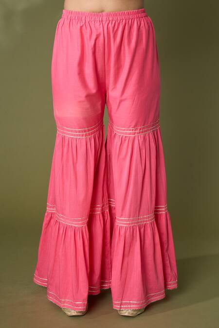 Samyukta Singhania Peach Cotton, Silk Embroidery, Gota Patti Split Printed Kurta Sharara Set at Aza Fashions Samyukta Singhania_Peach Cotton, Silk Embroidery, Gota Patti Split Printed Kurta Sharara Set_at_Aza_Fashions