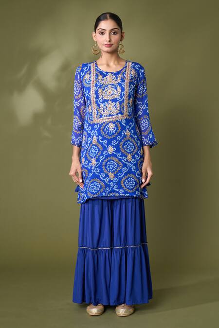 Samyukta Singhania_Blue Georgette, Net Gota Patti Bandhani Print Embroidered Kurta Sharara Set_Online_at_Aza_Fashions