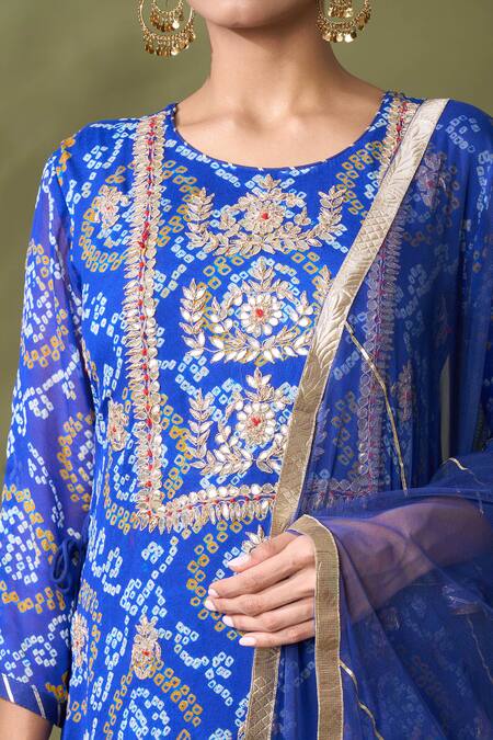 Shop_Samyukta Singhania_Blue Georgette, Net Gota Patti Bandhani Print Embroidered Kurta Sharara Set_Online_at_Aza_Fashions