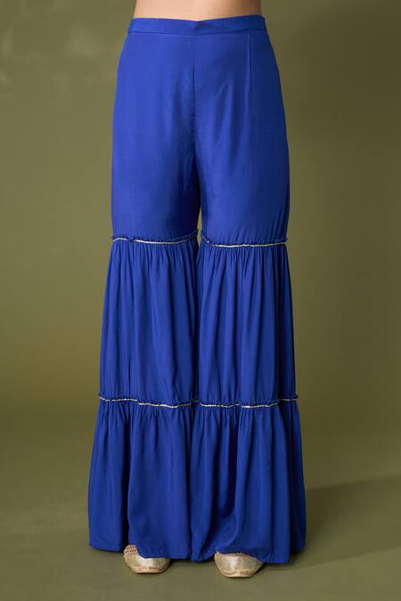 Samyukta Singhania_Blue Georgette, Net Gota Patti Bandhani Print Embroidered Kurta Sharara Set_at_Aza_Fashions