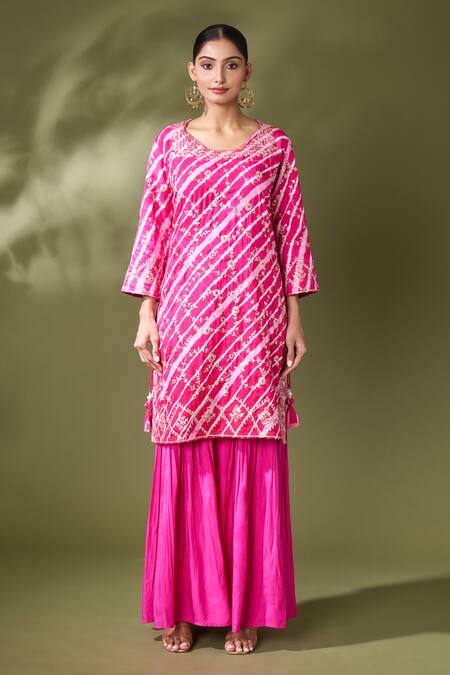 Buy_Samyukta Singhania_Pink Silk Embroidery Round Neck Flora Vine Leheriya Kurta Sharara Set_Online_at_Aza_Fashions