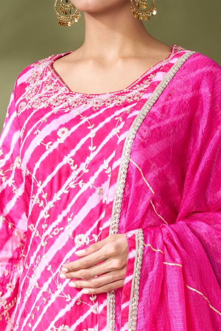 Shop_Samyukta Singhania_Pink Silk Embroidery Round Neck Flora Vine Leheriya Kurta Sharara Set_Online_at_Aza_Fashions