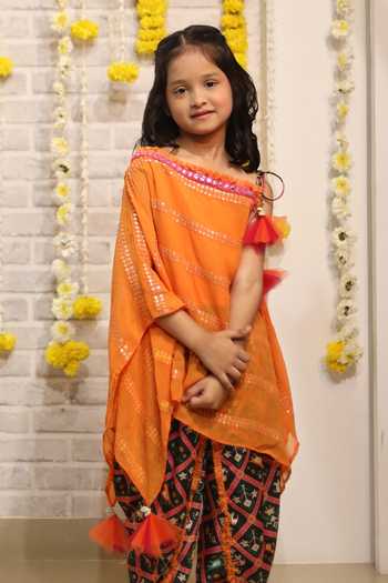 Kirti Agarwal - Pret N Couture_Orange Silk, Georgette, Modal Embroidered Asymmetric Kaftan And Dhoti Set _Online_at_Aza_Fashions
