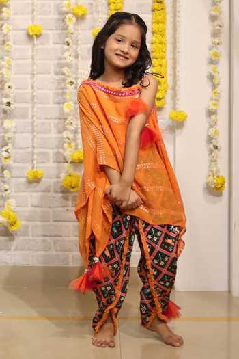 Shop_Kirti Agarwal - Pret N Couture_Orange Silk, Georgette, Modal Embroidered Asymmetric Kaftan And Dhoti Set _Online_at_Aza_Fashions