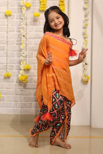 Kirti Agarwal - Pret N Couture_Orange Silk, Georgette, Modal Embroidered Asymmetric Kaftan And Dhoti Set _at_Aza_Fashions