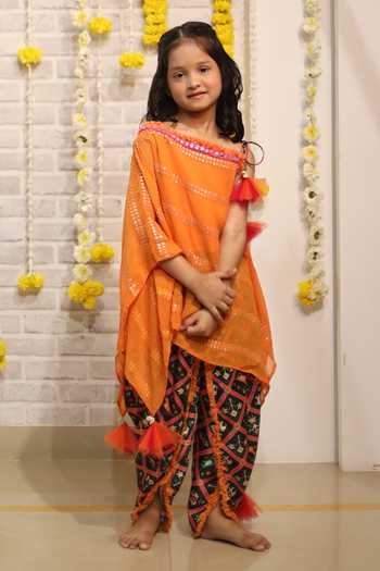 Buy_Kirti Agarwal - Pret N Couture_Orange Silk, Georgette, Modal Embroidered Asymmetric Kaftan And Dhoti Set 