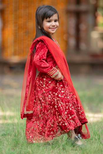 Buy_Kirti Agarwal - Pret N Couture_Maroon Velvet, , Net, Linen Sequins, Embroidery, Lehenga Set _Online_at_Aza_Fashions
