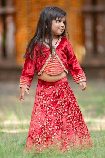 Shop_Kirti Agarwal - Pret N Couture_Maroon Velvet, , Net, Linen Sequins, Embroidery, Lehenga Set _Online_at_Aza_Fashions