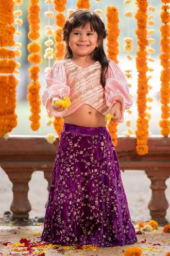 Buy_Kirti Agarwal - Pret N Couture_Pink Velvet Sequins, Lace Embroidered Lehenga Blouse Set _Online_at_Aza_Fashions
