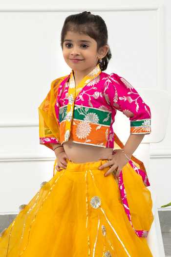 Kirti Agarwal - Pret N Couture_Multi Color Brocade, Cotton, Organza Floral Pattern Blouse Lehenga Set _Online_at_Aza_Fashions