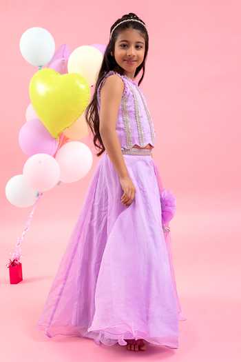 Buy_Kirti Agarwal - Pret N Couture_Purple Organza, Silk, Cotton Sequins, Lace Detailed Waist Lehenga Set _Online_at_Aza_Fashions