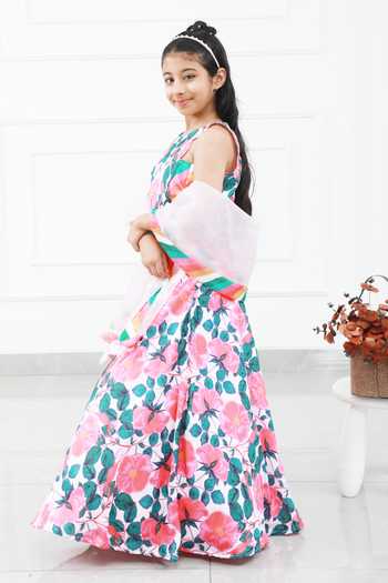 Buy_Kirti Agarwal - Pret N Couture_Multi Color Net, Modal, Cotton Embroidery Floral Print Lehenga Blouse Set _Online_at_Aza_Fashions