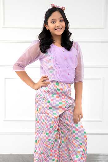 Buy_Kirti Agarwal - Pret N Couture_Purple Organza, Modal, Cotton Lavender Sheer Checks Pant Set _Online_at_Aza_Fashions