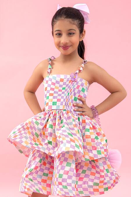 Kirti Agarwal - Pret N Couture_Multi Color Linen, Satin, Cotton Tassels Checks Print Layered Dress_Online_at_Aza_Fashions