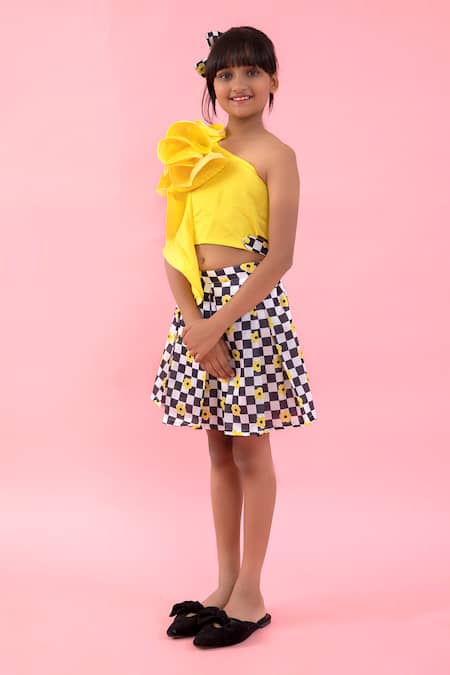 Kirti Agarwal - Pret N Couture Yellow Satin Rawsilk Printed Checks Flary Flowered Top With Skirt 