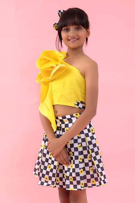 Kirti Agarwal - Pret N Couture_Yellow Linen, Satin Flary Flowered Top With Skirt _Online_at_Aza_Fashions