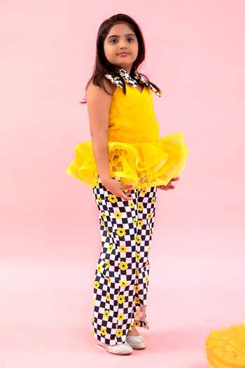 Kirti Agarwal - Pret N Couture_Yellow Organza, Linen, Silk, Satin Front Pleated Peplum Top With Pant _Online_at_Aza_Fashions