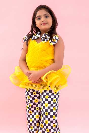 Buy_Kirti Agarwal - Pret N Couture_Yellow Organza, Linen, Silk, Satin Front Pleated Peplum Top With Pant _Online_at_Aza_Fashions