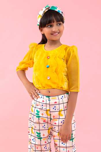 Buy_Kirti Agarwal - Pret N Couture_Off White Organza, Linen, Satin Geometric Print Pant Set _Online_at_Aza_Fashions