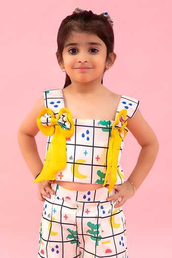 Kirti Agarwal - Pret N Couture_Off White Linen, Cotton, Satin Bows Geometric Print Top With Pant _Online_at_Aza_Fashions