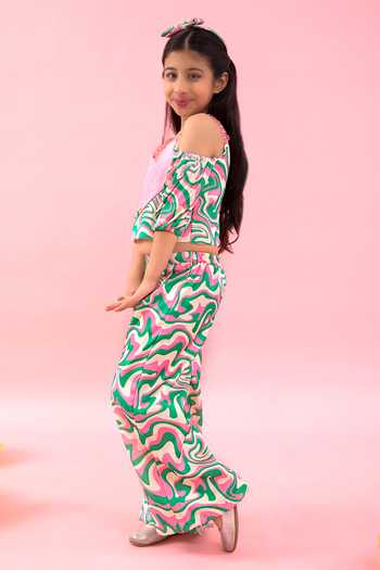Kirti Agarwal - Pret N Couture_Pink Linen, Satin, Cotton Wave Print Crop Top And Pant Set _Online_at_Aza_Fashions