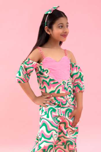 Buy_Kirti Agarwal - Pret N Couture_Pink Linen, Satin, Cotton Wave Print Crop Top And Pant Set _Online_at_Aza_Fashions