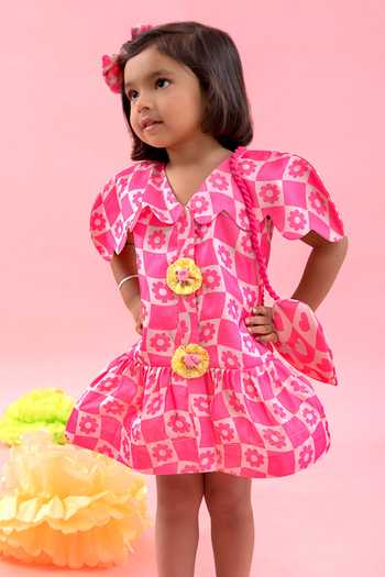 Kirti Agarwal - Pret N Couture_Pink Linen, Satin, Cotton Fabric Flowers Floral Print Dress With Sling Bag _Online_at_Aza_Fashions
