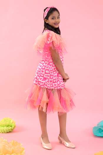 Kirti Agarwal - Pret N Couture_Pink Linen, Satin, Net, Cotton Printed Frilled Dress _Online_at_Aza_Fashions