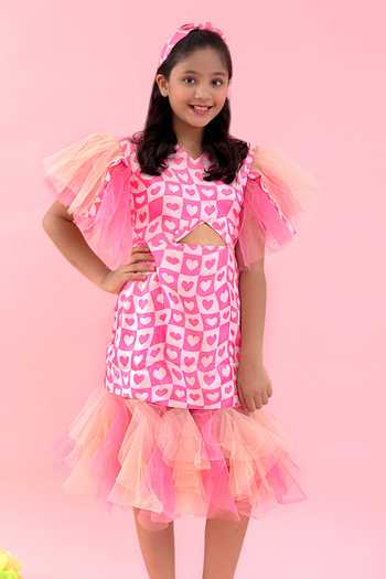 Buy_Kirti Agarwal - Pret N Couture_Pink Linen, Satin, Net, Cotton Printed Frilled Dress _Online_at_Aza_Fashions