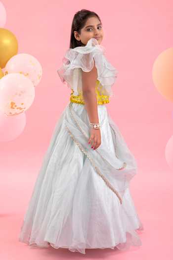 Kirti Agarwal - Pret N Couture_Yellow Silk, Linen, Organza Sequins One-shoulder Embroidered Blouse Lehenga Set _Online_at_Aza_Fashions