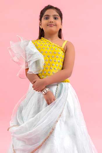 Buy_Kirti Agarwal - Pret N Couture_Yellow Silk, Linen, Organza Sequins One-shoulder Embroidered Blouse Lehenga Set _Online_at_Aza_Fashions