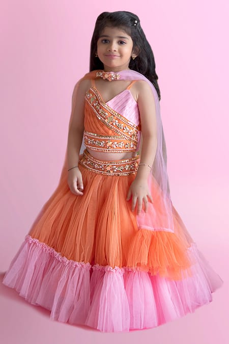 Kirti Agarwal - Pret N Couture Orange Net, Silk, Cotton Pearls, Sequins, Beads Pleated Embroidered Lehenga Set 