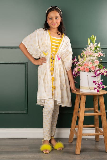 Kirti Agarwal - Pret N Couture White Chanderi , Embroidery Bird Motif Kaftan Pant Set