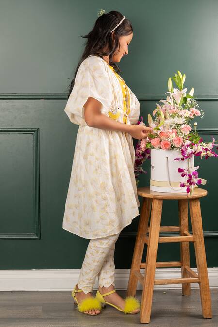 Shop_Kirti Agarwal - Pret N Couture_White Chanderi , Embroidery Bird Motif Kaftan Pant Set _Online_at_Aza_Fashions