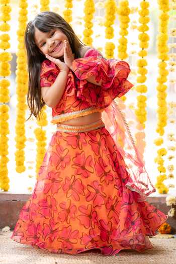 Kirti Agarwal - Pret N Couture_Yellow Silk, Organza, Net Floral Print Lehenga With One-shoulder Blouse _Online_at_Aza_Fashions
