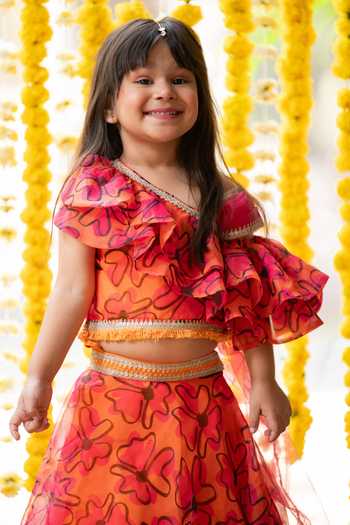 Buy_Kirti Agarwal - Pret N Couture_Yellow Silk, Organza, Net Floral Print Lehenga With One-shoulder Blouse _Online_at_Aza_Fashions