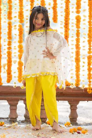 Kirti Agarwal - Pret N Couture_Yellow Georgette, Satin, Cotton Sequins, Lace Embroidered Tunic Dhoti Pant Set _Online_at_Aza_Fashions