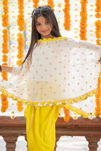 Shop_Kirti Agarwal - Pret N Couture_Yellow Georgette, Satin, Cotton Sequins, Lace Embroidered Tunic Dhoti Pant Set _Online_at_Aza_Fashions